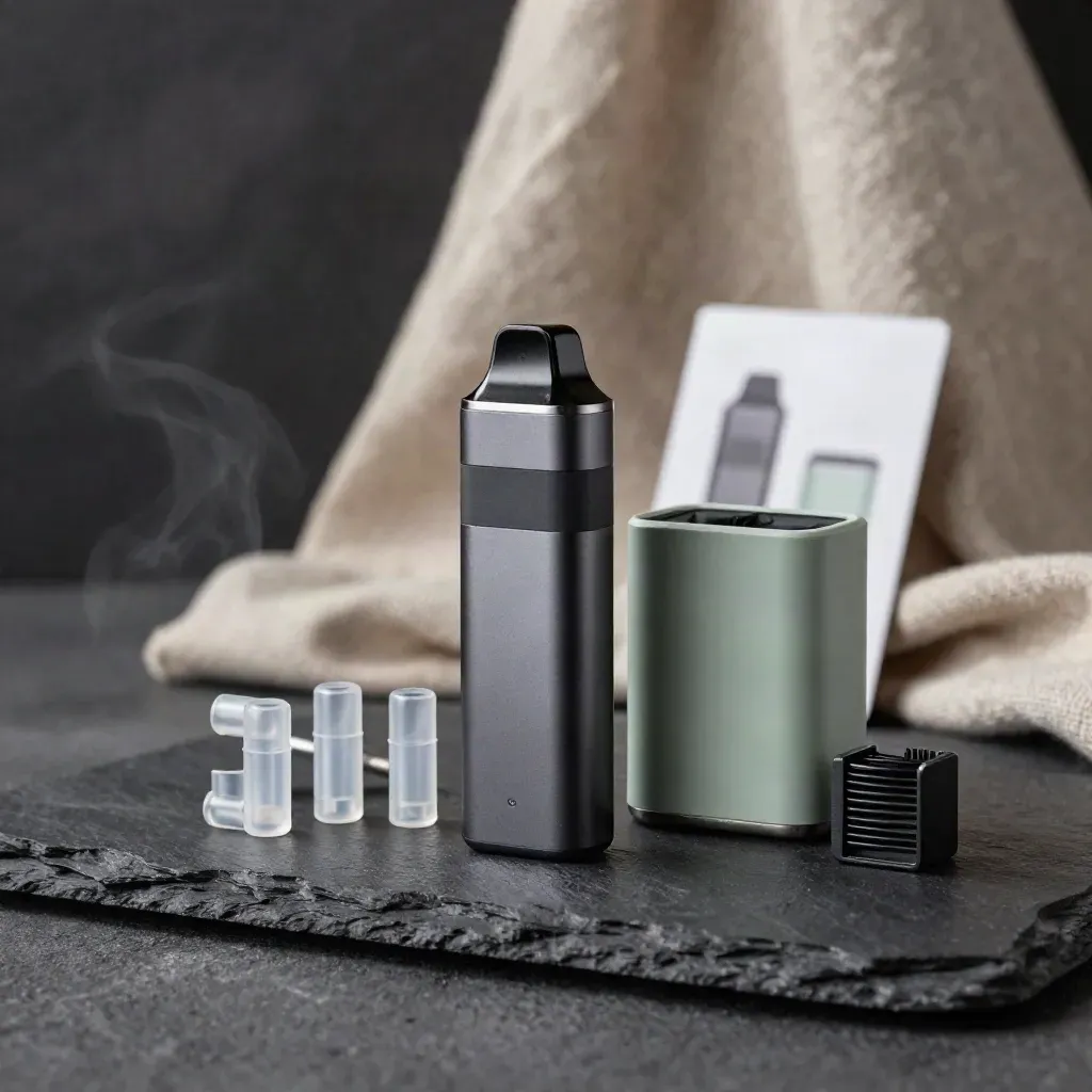 Starter vape kit bundle with pod device, pods, coil pack, and charger on dark slate.
