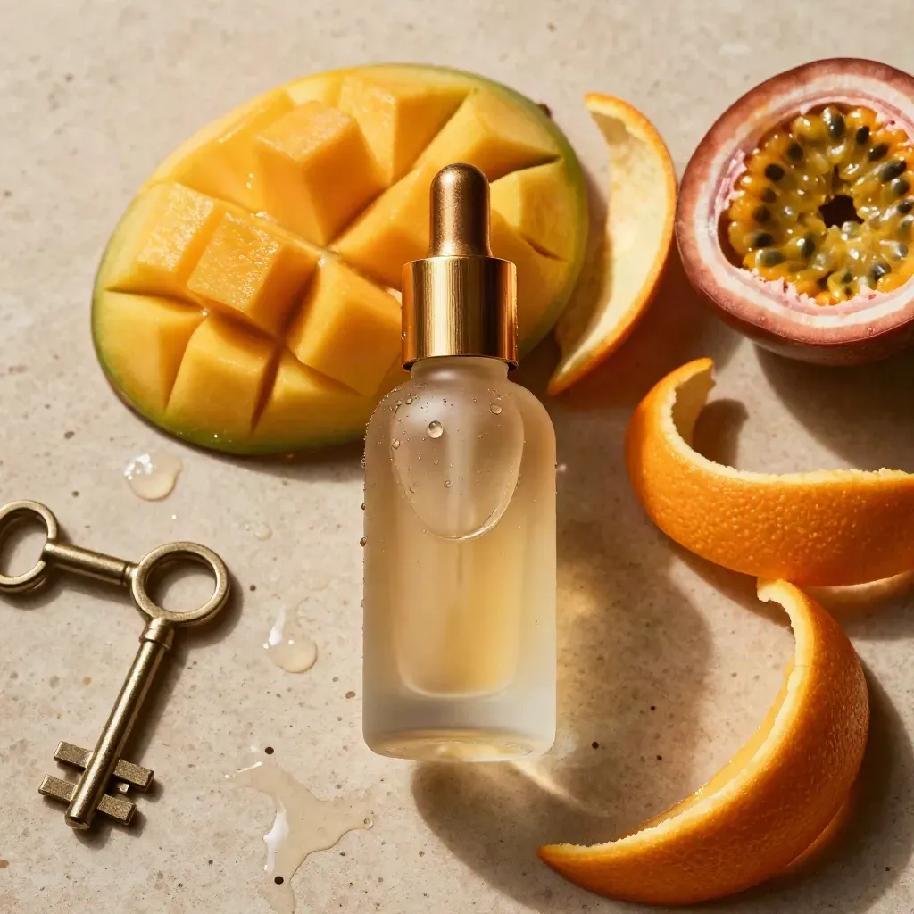 Overhead macro of a frosted vape bottle with mango, orange and passionfruit on travertine.