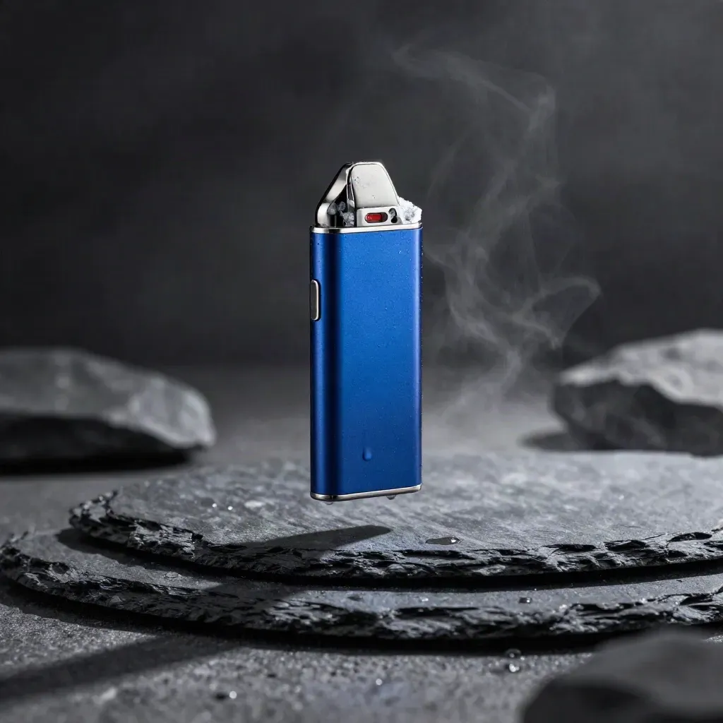 Cobalt disposable vape floating above misted stone with ice and drifting droplets
