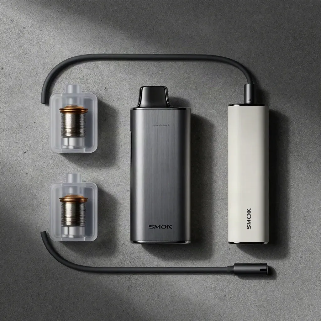 Overhead flatlay of a graphite vape kit with pods, coil pack and charging lead on concrete.