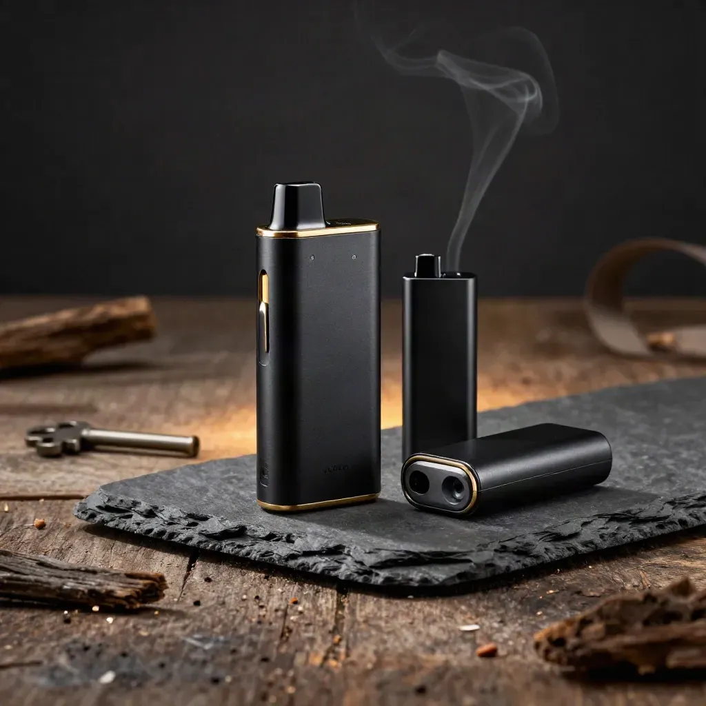 Satin-black vape kit with pods and charger on slate and wood under dramatic rim light