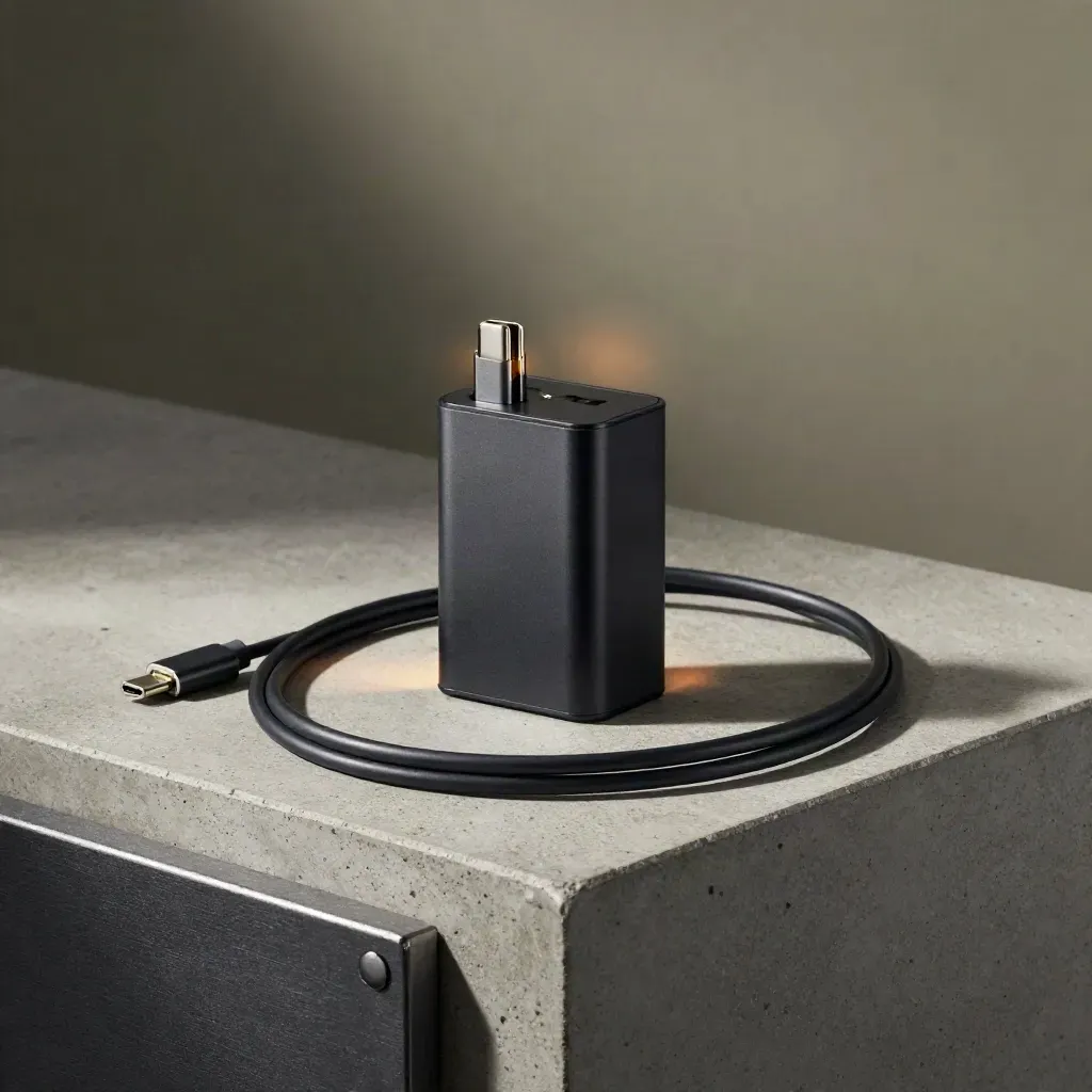 Matte black USB-C vape charger with coiled cable and adapter tips on brushed concrete