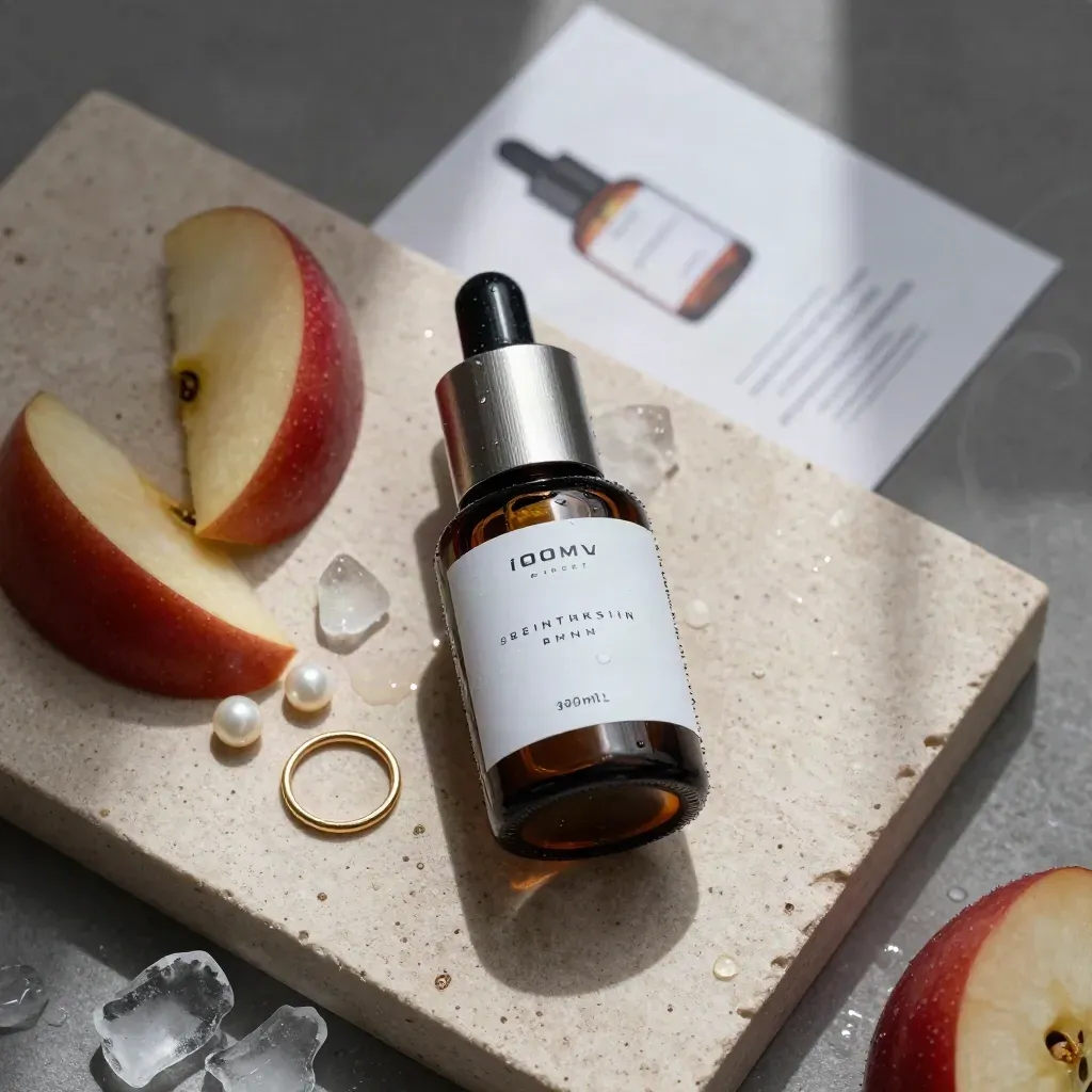 Overhead flat lay of apple e-liquid bottle, apple slices, ice and gold accent on pale stone.
