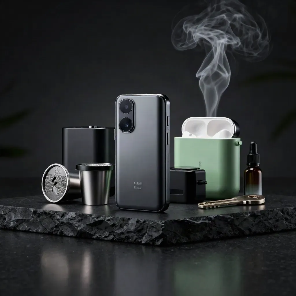 Pod kit bundle with device, pods, coils, charger and bottle on dark plinth with vapor