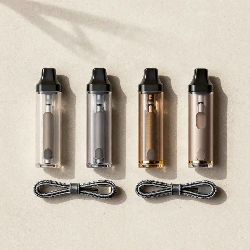 Overhead flatlay of four vape pods, seals, cable and gold accent on cream stone
