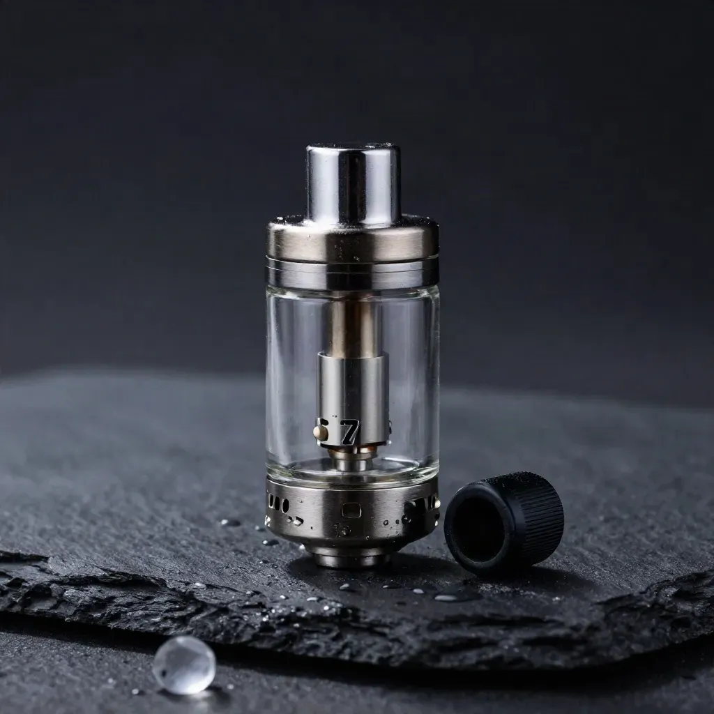 Macro glass and steel vape tank with seal on dark slate under side light