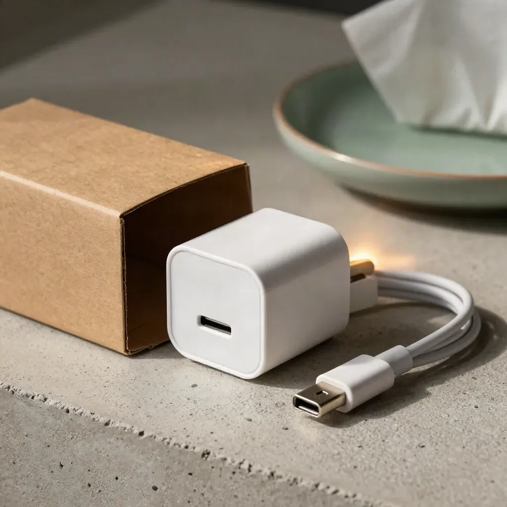 USB-C wall charger with cable and prongs on pale concrete, lit by warm sidelight