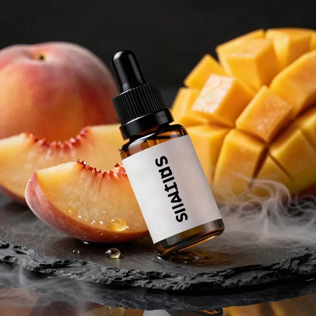 Mango peach vape bottle with fruit slices, mist, and droplets on dark charcoal stone.