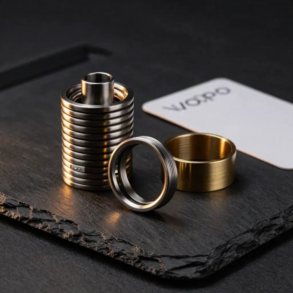 Extreme low-angle macro of stacked vape coils on black slate with gold accents and a dark retail card.