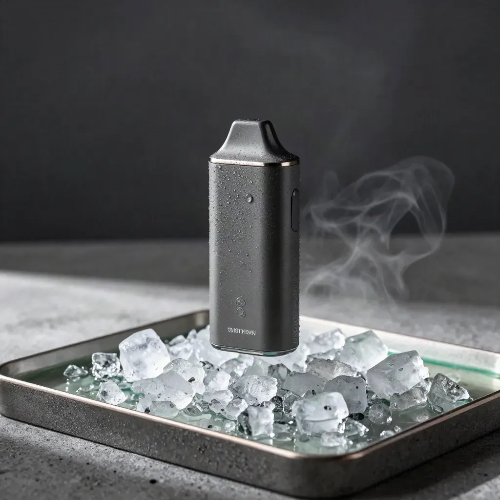 Frosted disposable vape on crushed stone and a reflective tray with icy vapor.