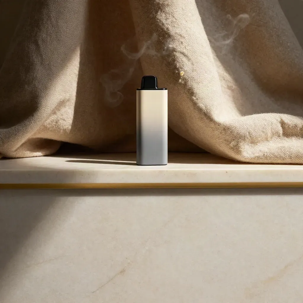 Sunlit marble ledge with blurred disposable vape silhouettes and a linen drape above calm copy space.