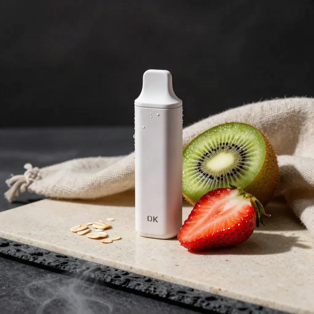 Strawberry kiwi vape beside cut fruit on travertine with linen and mist