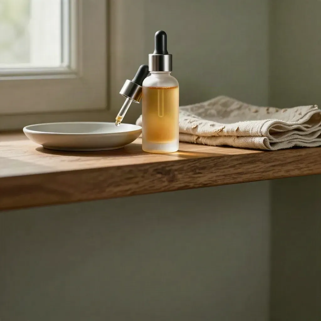 Frosted e-liquid bottles on a ceramic tray in a sunlit oak shelf nook.