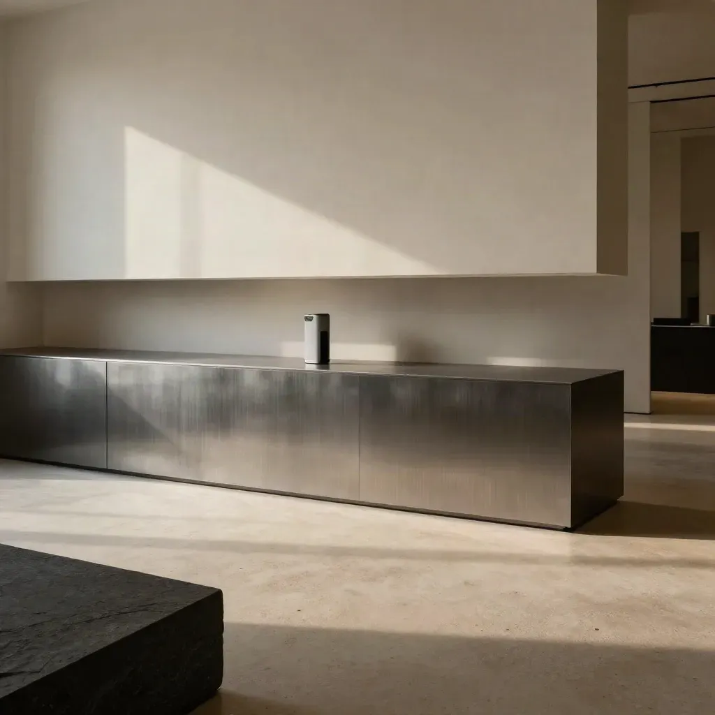 Charcoal corridor with brushed-metal plinth, pale wall, and pod system silhouette in sunlit haze.