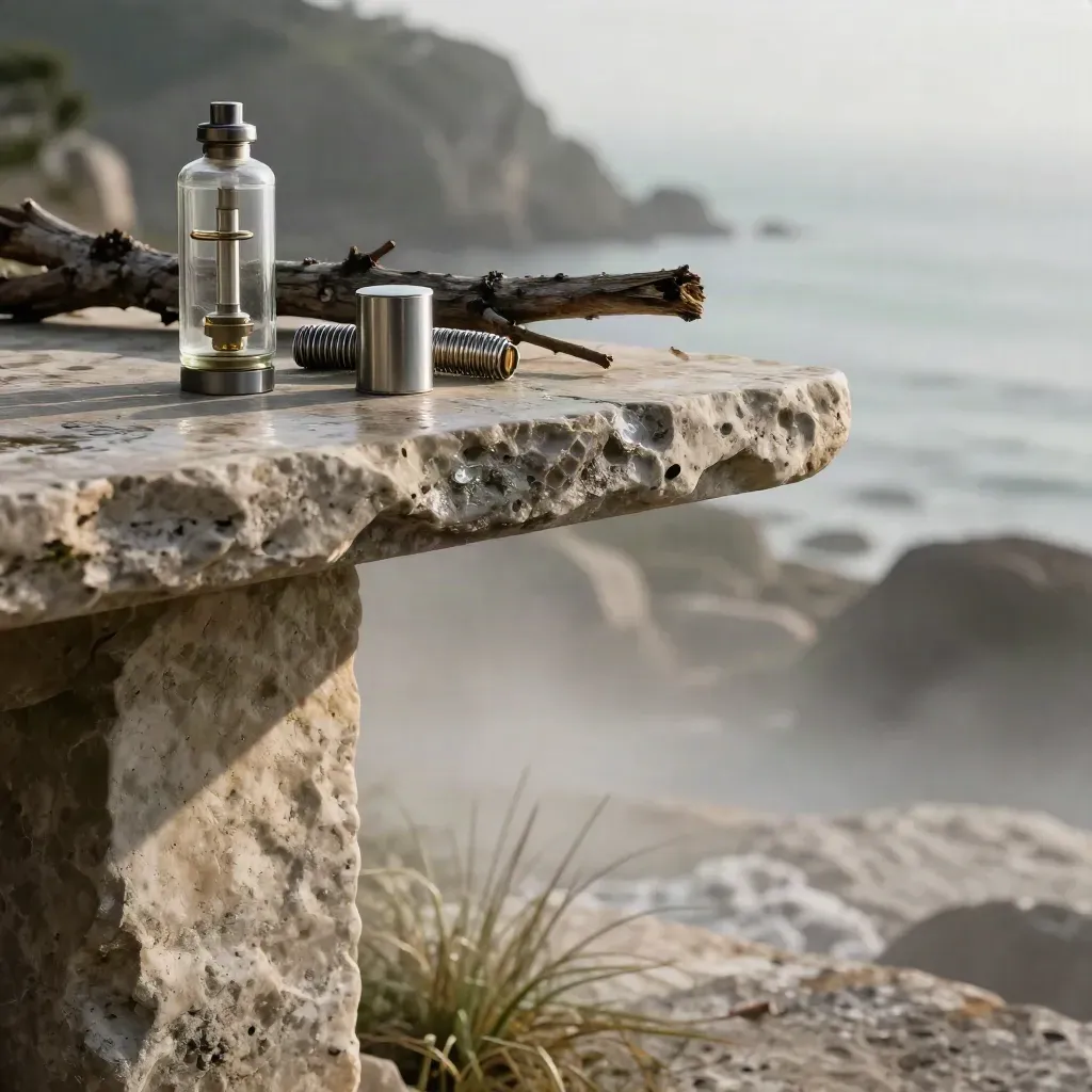 Weathered stone shelf with vape coils, tanks, and a wet branch in a misty coastal garden.
